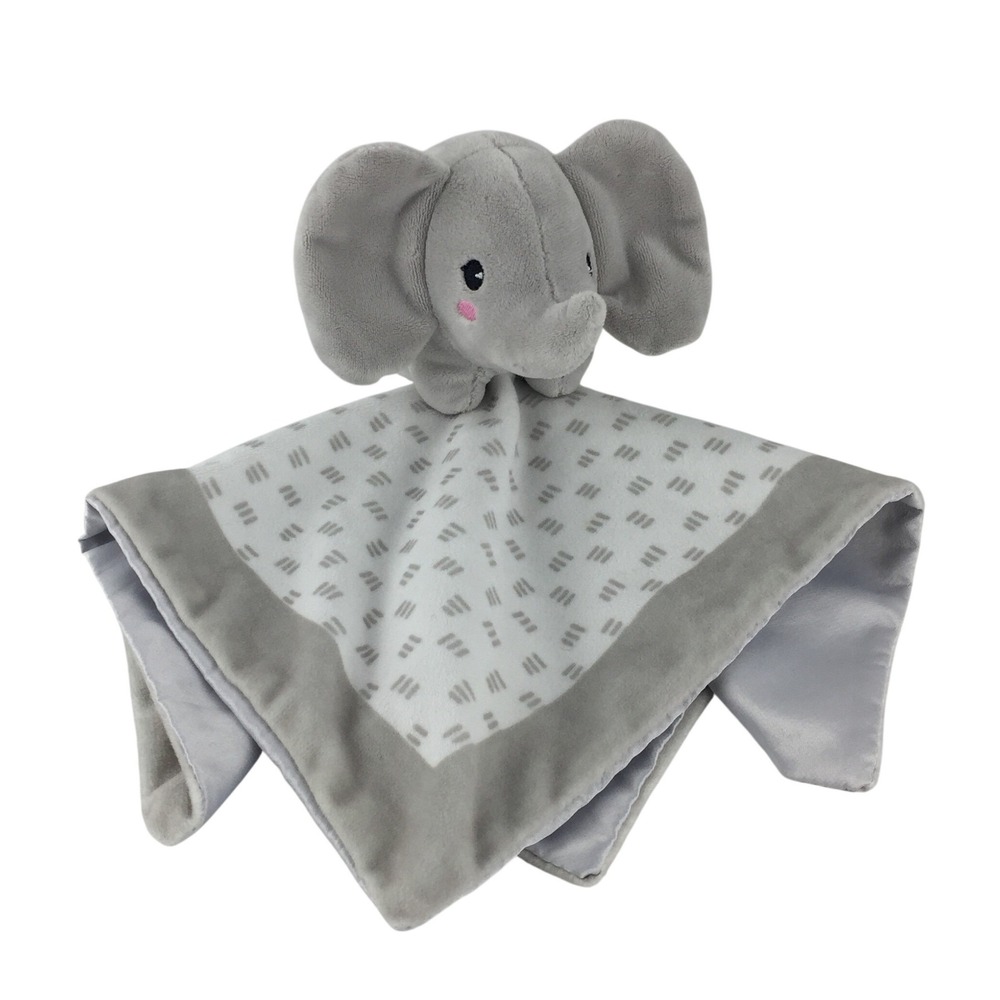 Pearhead Elephant Lovey Security Blanket Gray White Dash Satin Trim Back